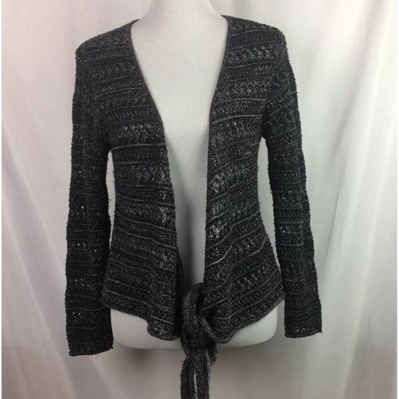 A2 Armand & Alba Cropped Sweater Loose Open Weave Tie Front USA Purple Gray - Picture 2 of 8